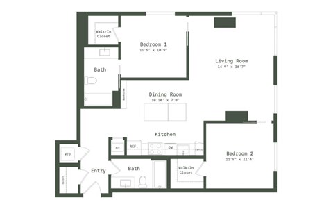 Floor plan for 2 beds, 2 baths, 1139 sqft